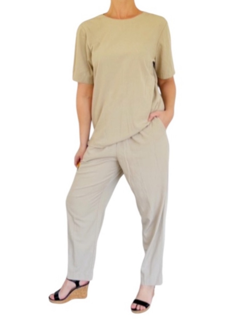 Vintage Alfred Dunner Petite tan beige matching blouse pants set size 10